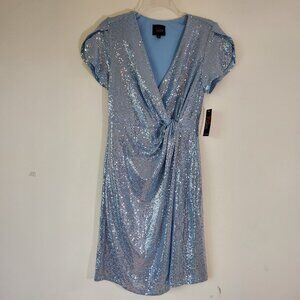 NWT Light Blue, Sparkle Sequin, Front Twist Knot Petal Sleeves Dress JM Studio 6